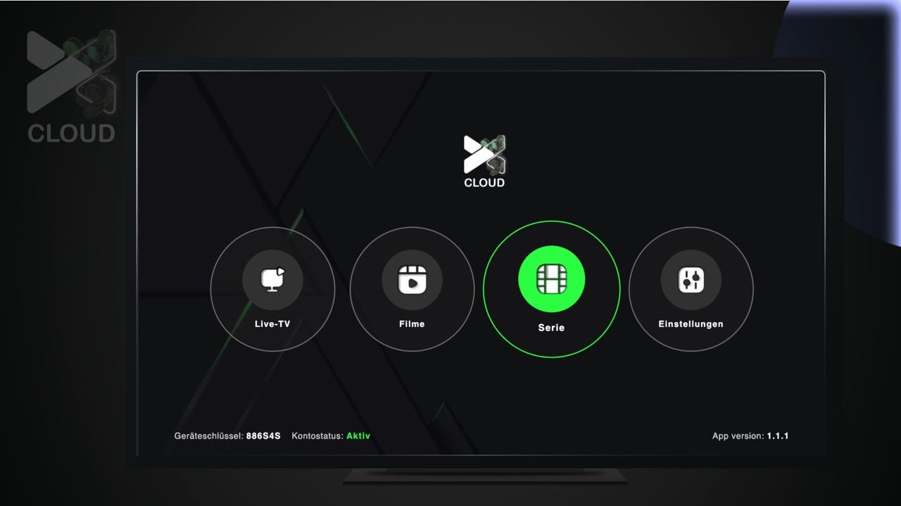 Tela inicial do app IPTV Xcloudtv com layout moderno e fácil de mexer com opções de Canais, Filmes, Séries e Configurações.