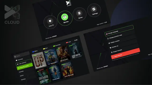 tela inicial do app, tela de vod e tela de configurações do XCloud TV