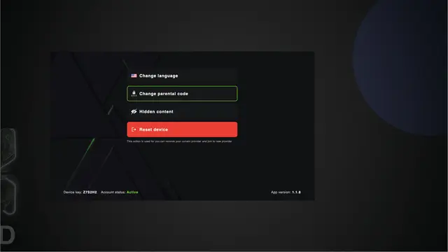 tela de configurações do xcloud tv, com opção de alterar idioma, definir codigo parental, ocultar conteúdo e resetar definições do app no dispositivo